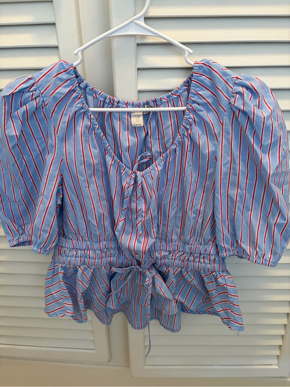 Joie Light Blue Striped Peplum Tie-Front Blouse